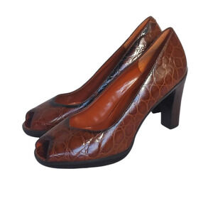 Nine West Cognac Alligator Embossed Leather Open Toe Heels Block Heel